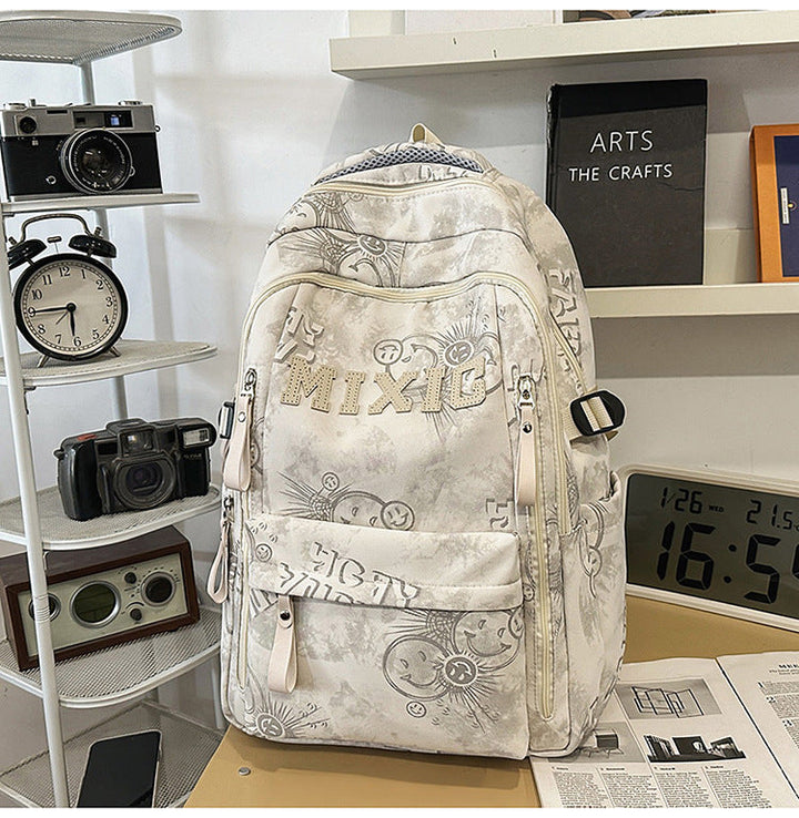 Stylish unisex graphic print school backpack with multiple pockets, durable design, perfect for daily use & travel.