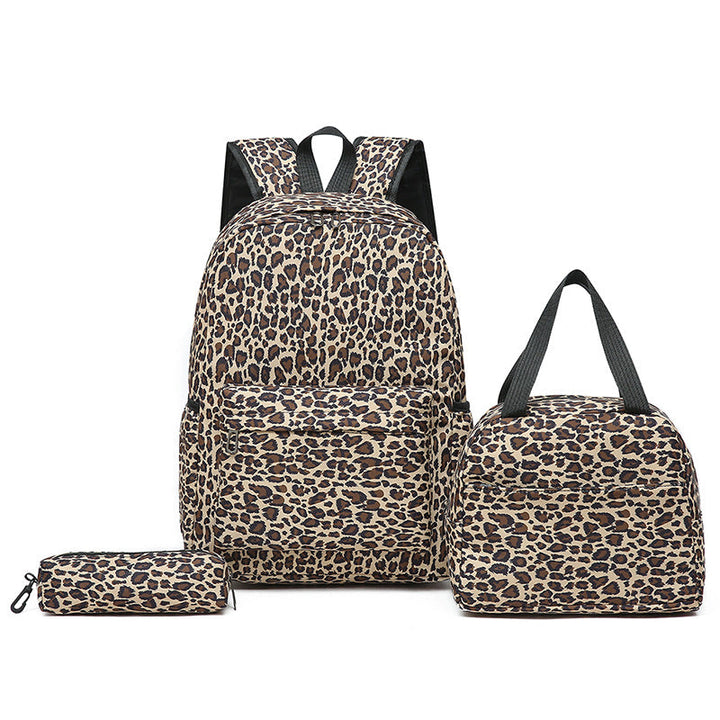 Stylish unisex leopard print backpack set with cooler bag & pencil case, perfect for school or travel.