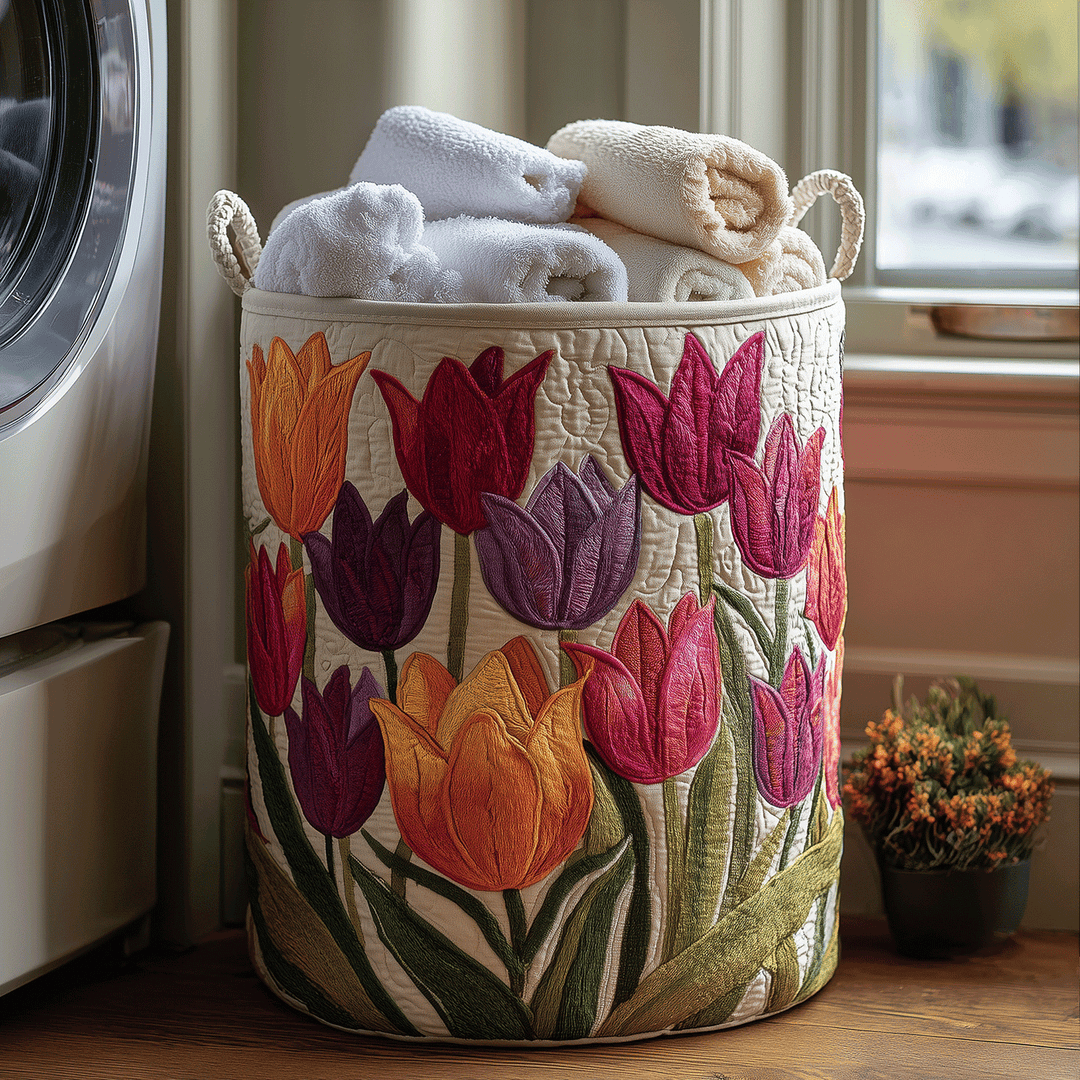 Stylish unisex quilted cotton blend laundry basket for bedroom, bathroom, or dorm storage. Foldable & washable utility.
