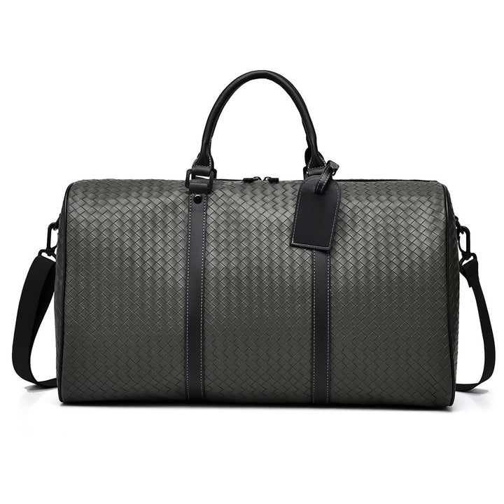 Premium woven leather travel bag with comfortable handles. Unisex duffle ideal for weekend adventures.