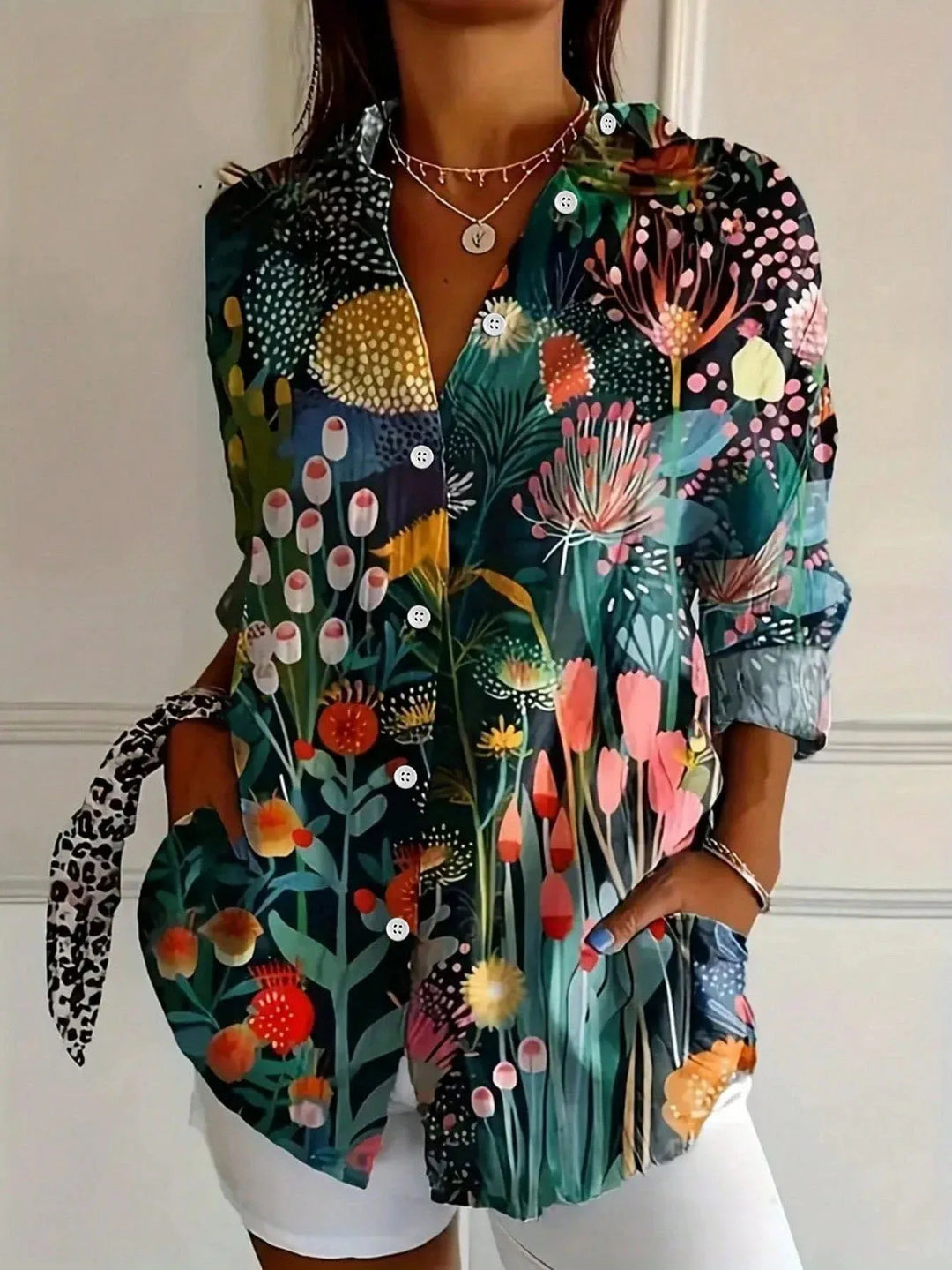 Flowy women's abstract print blouse, a long sleeve button-front top for casual chic style & comfort.