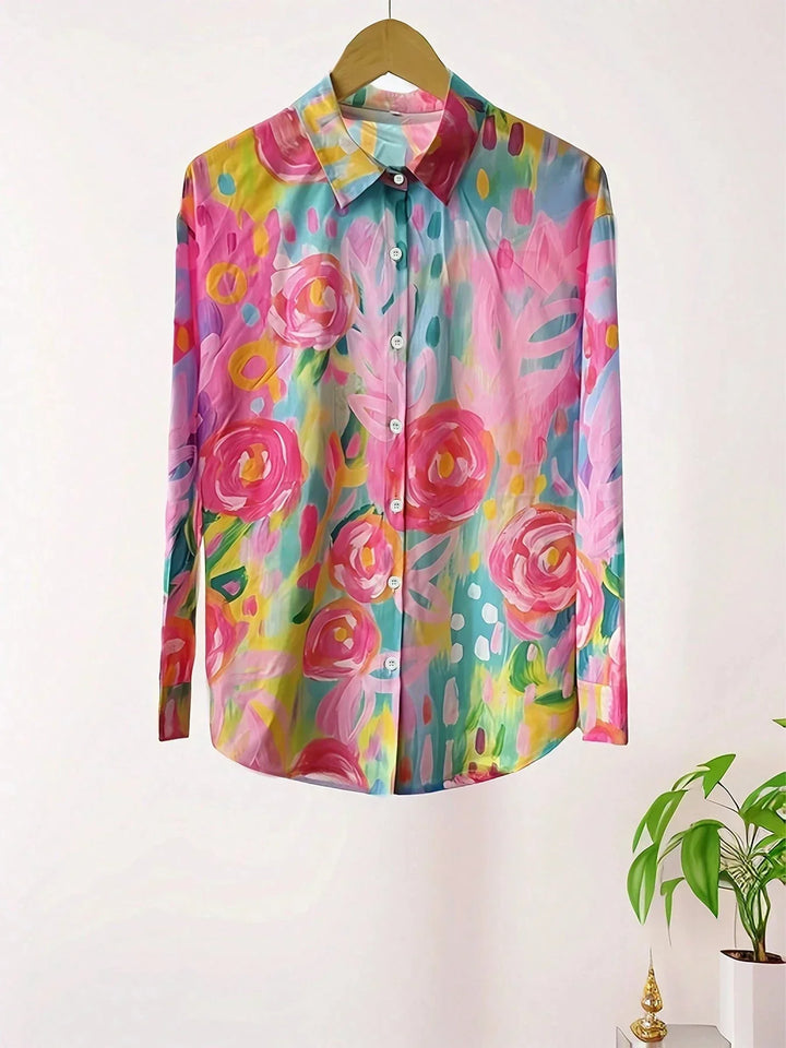 Unique abstract print women's long sleeve blouse. A versatile button-front top for both casual and stylish wear.