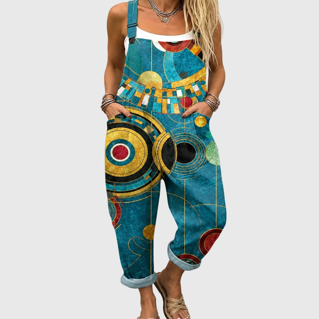 Stylish women's Art Deco geometric relaxed fit jumpsuit, elegant & comfortable for summer fashion.