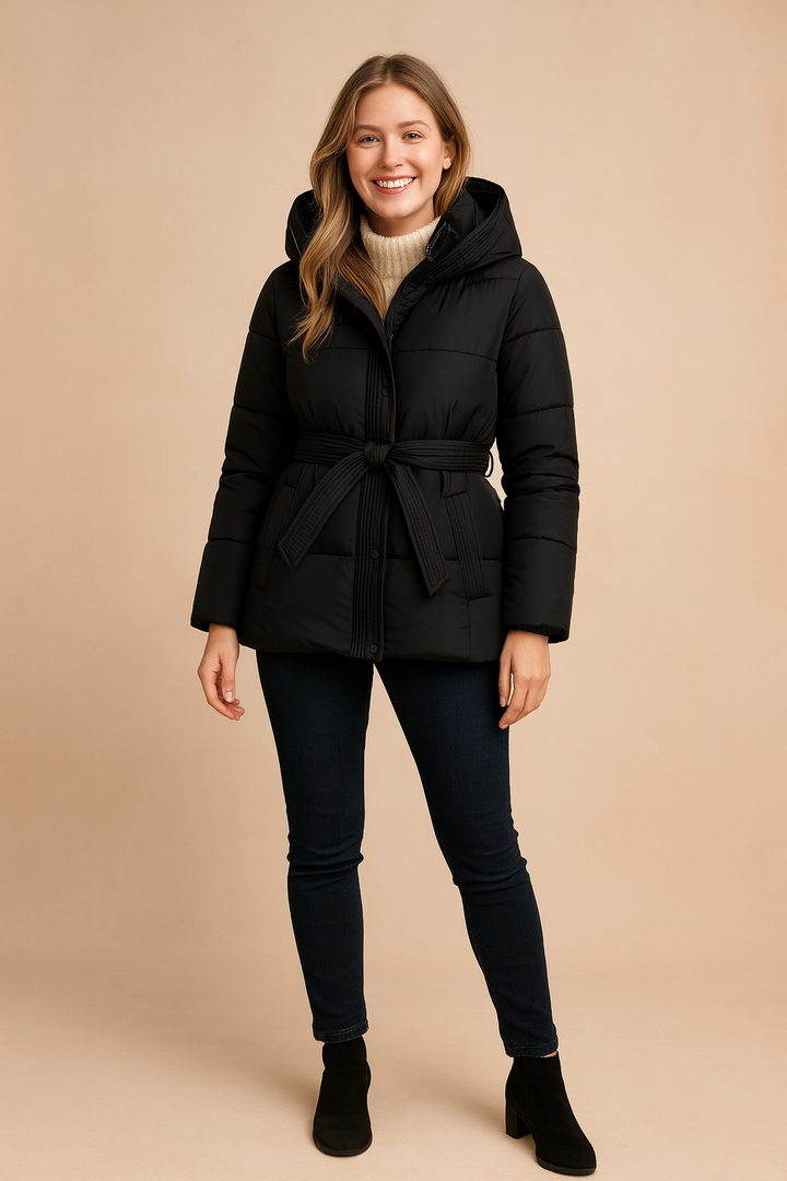Stylish women's belted hooded winter jacket for chilly weather, perfect fashion outerwear.