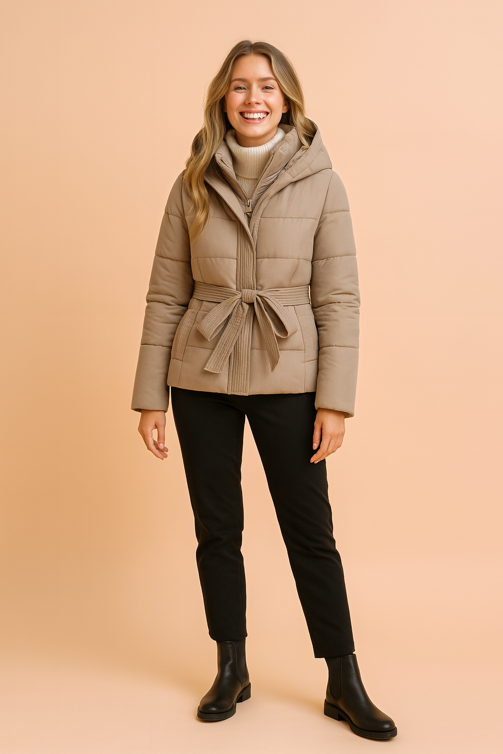 Warm and chic women's winter coat with a flattering belt and cozy hood for stylish warmth.