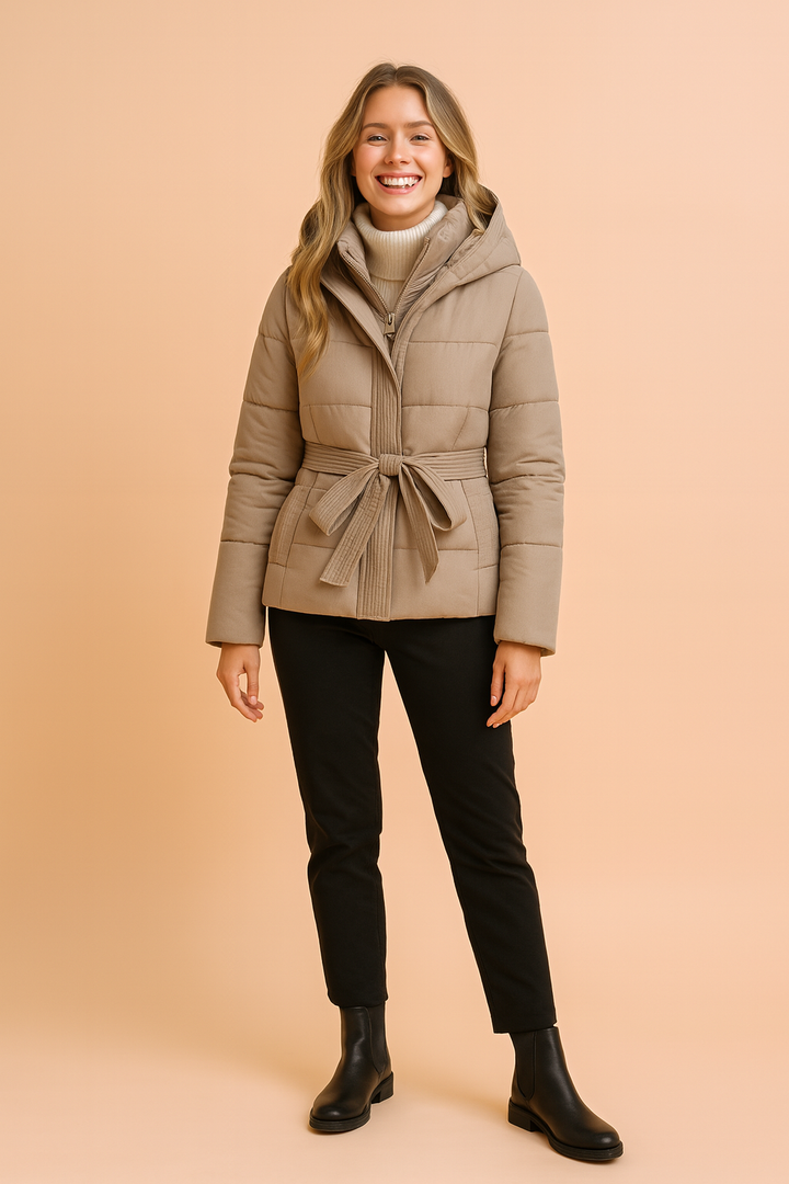 Warm and chic women's winter coat with a flattering belt and cozy hood for stylish warmth.