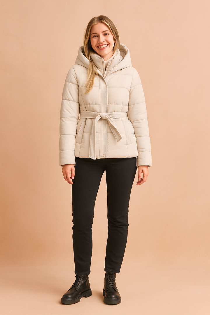 Casual women's jacket featuring a removable belt and hood, ideal for winter fashion.