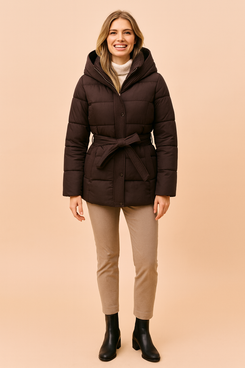 Fashionable hooded winter jacket for women with a belt detail, offering chic warmth.
