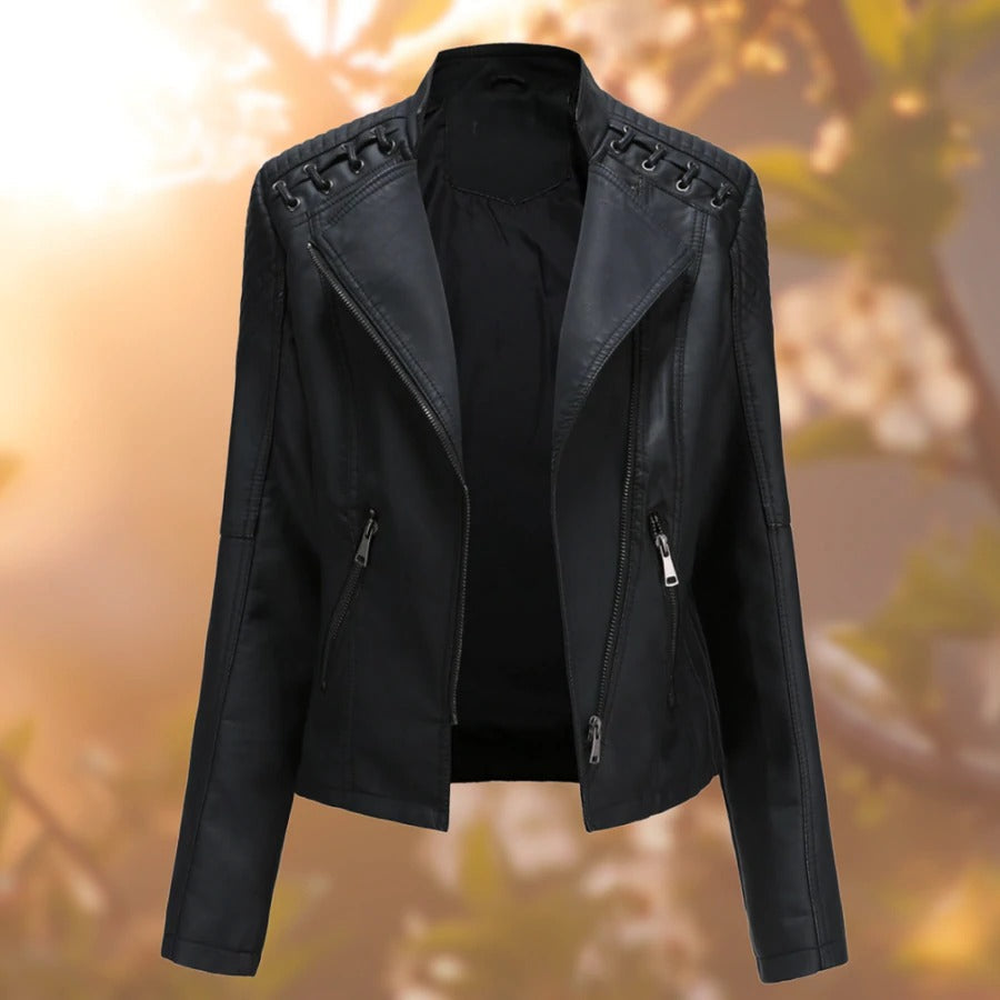Stylish women's black leather moto jacket, durable and trendy outerwear