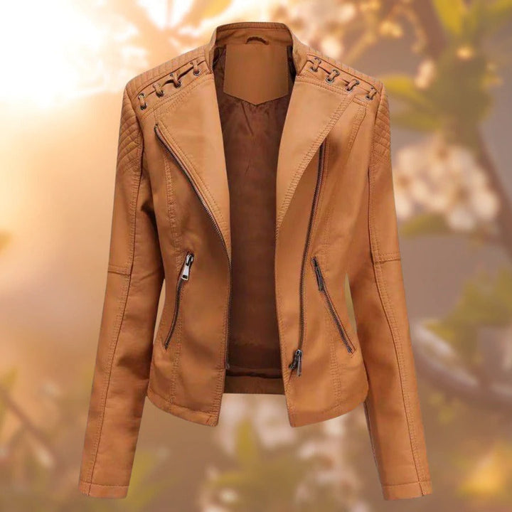Close-up of soft, durable women's leather jacket detailing, ideal outerwear