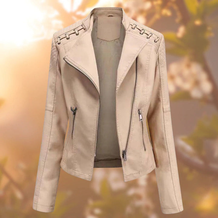 Durable women's moto leather jacket, designed for a chic and trendy look