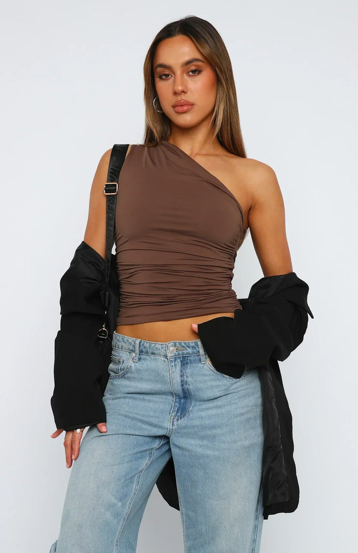 Yellow one shoulder ruched crop top, bright summer party style. Asymmetric bodycon fit.