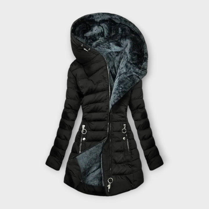 Cozy light green women's winter coat, warm fashion outerwear with zipper for everyday comfort & style.