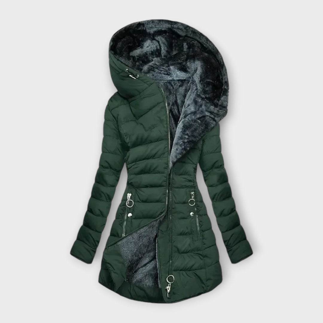Elegant dark green women's winter jacket, tailored fit & warm for stylish casual wear & fall comfort.