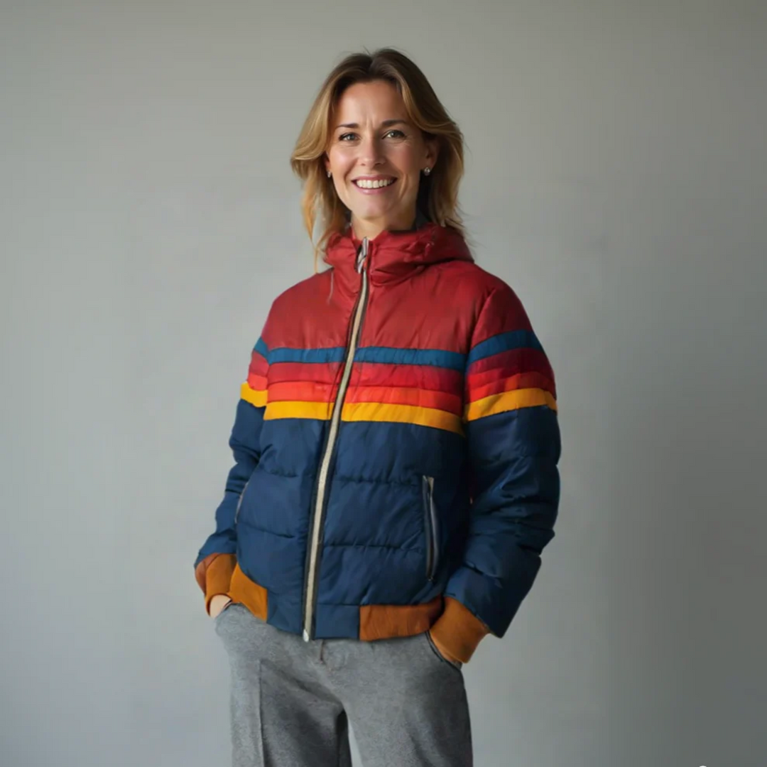 Stylish women's blue quilted puffer jacket with zip-up front, perfect for winter comfort and fall fashion.