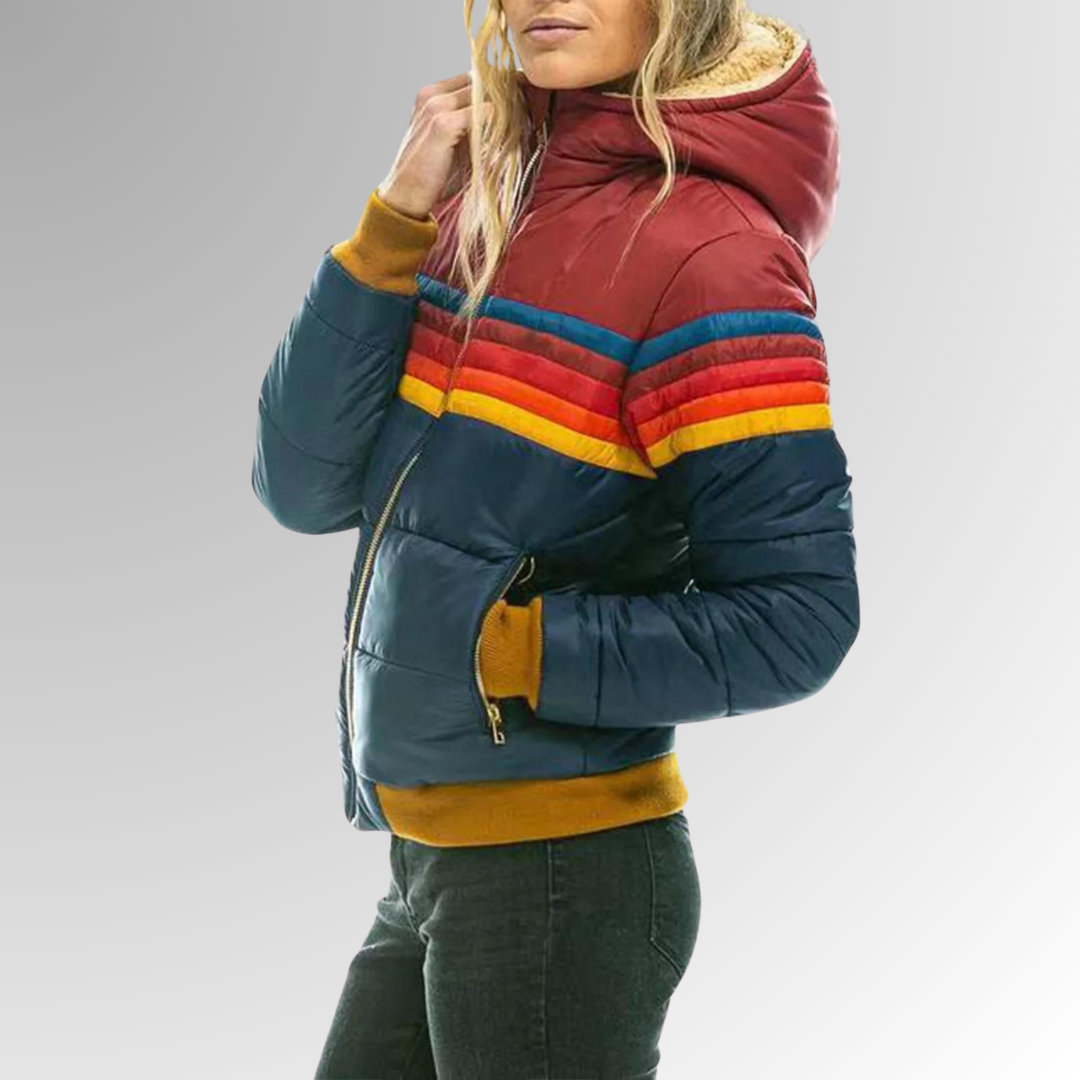 Elegant black women's quilted puffer jacket, a warm zip-up coat ideal for casual or everyday fall fashion.