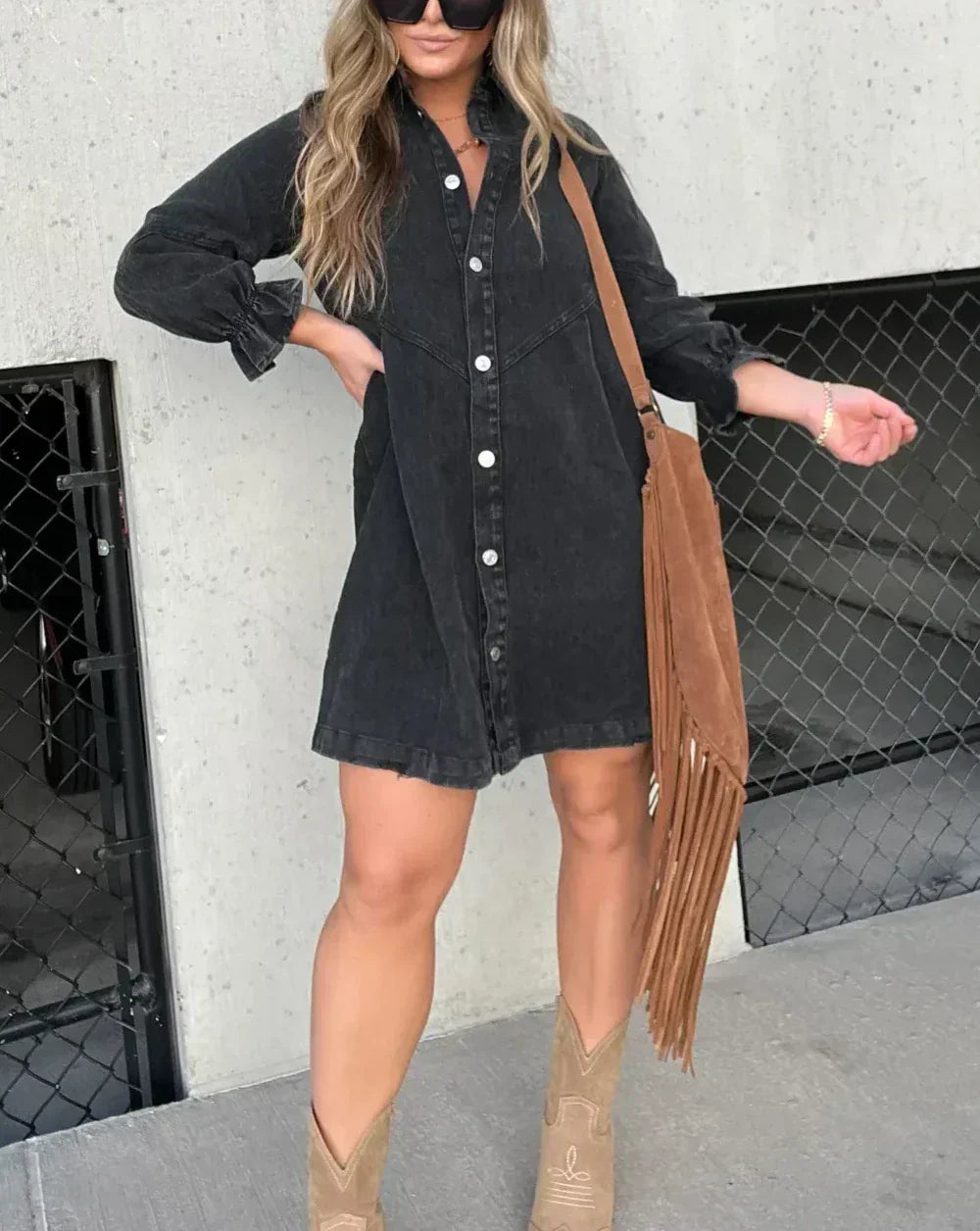 Modern women's button-down mini dress with ruffle sleeves, a stylish and versatile choice for everyday summer wear.