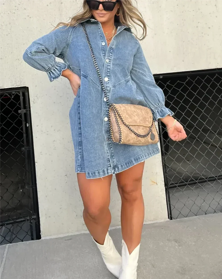 Everyday wear women's mini dress with a stylish button-down front & delicate ruffle sleeves. Summer fashion.