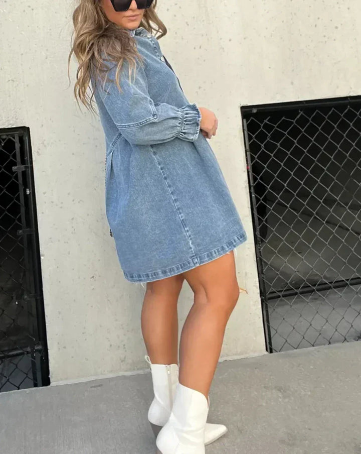 Elegant women's button-down mini dress with short ruffle sleeves. A versatile and stylish summer casual dress.