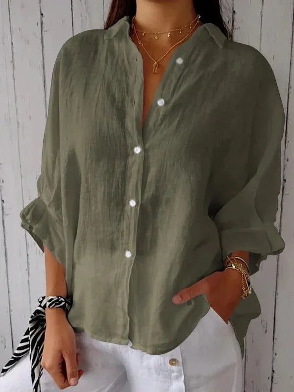 Classic design women's button-up shirt, long sleeve, offering a stylish relaxed comfort fit for ladies.