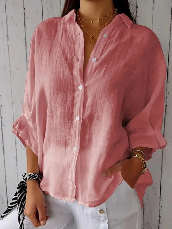 Women's button-up shirt with functional roll-up sleeves, comfortable & stylish for any casual occasion.