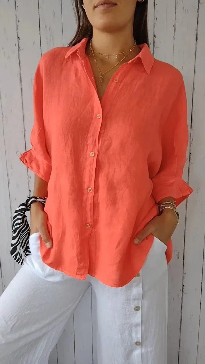 Comfortable women's long-sleeve button-up shirt, great for stylish everyday wear and ladies fashion.