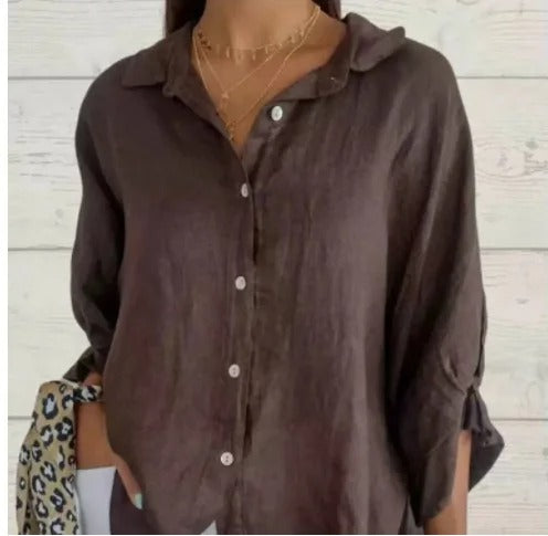 Chic women's button-up top, long sleeve, relaxed comfort fit, a versatile addition to any wardrobe.