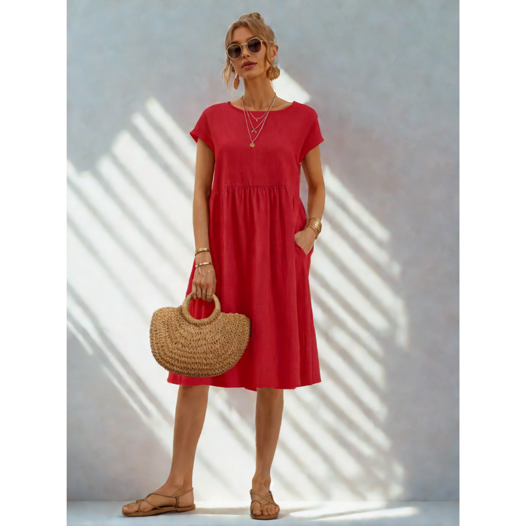Stylish women's casual midi dress with pockets, perfect for everyday comfort.
