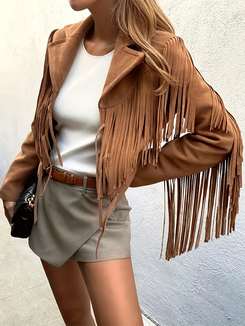 Elegant women's cropped fringe jacket, ideal stylish outerwear for autumn fashion and winter trends.