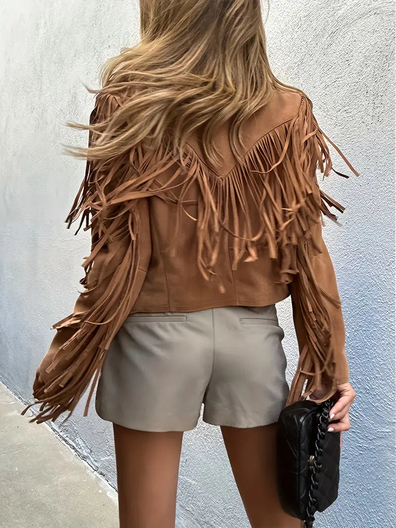 Trendy women's cropped fringe jacket for a chic boho look; a versatile casual jacket for autumn.
