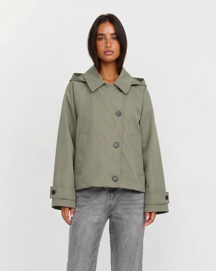 Stylish women's cropped windbreaker jacket with a hood, perfect lightweight outerwear for spring & autumn casual wear.