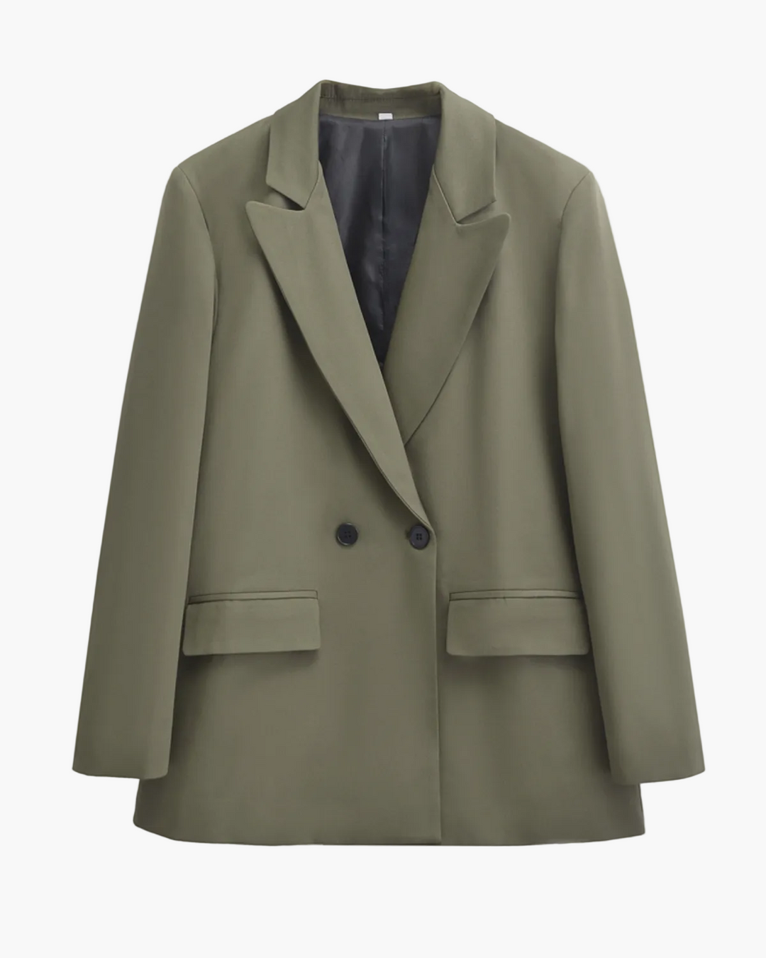Elegant khaki double-breasted blazer for women, featuring a tailored fit for formal events or stylish office wear.