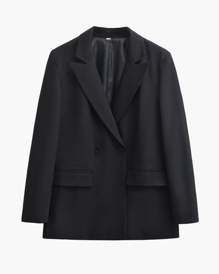 Sophisticated grey double-breasted women's blazer, offering a professional tailored fit for business and formal attire.