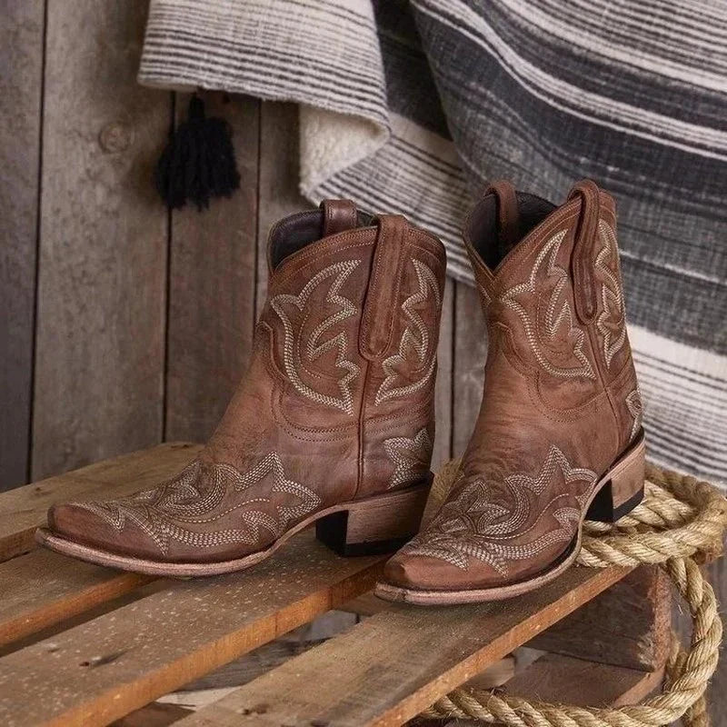 Stylish women's embroidered western cowboy boots, ideal for cowgirl fashion or boho chic outfits.