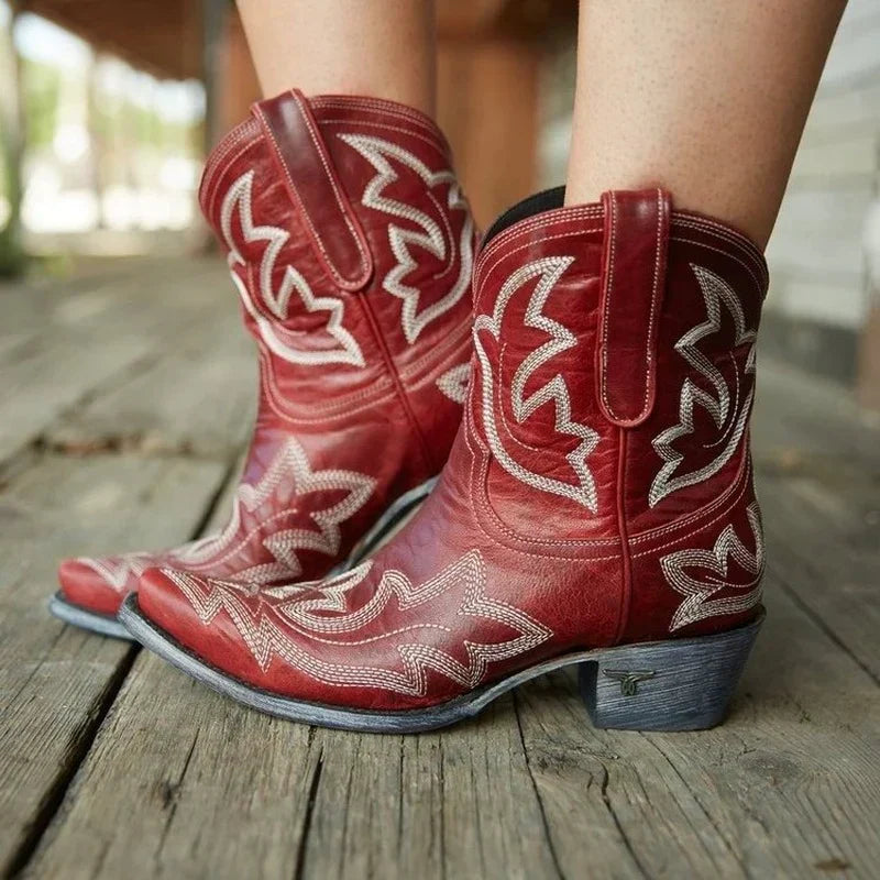 Close-up of women's embroidered western boots, showcasing detailed stitching and classic cowgirl style.