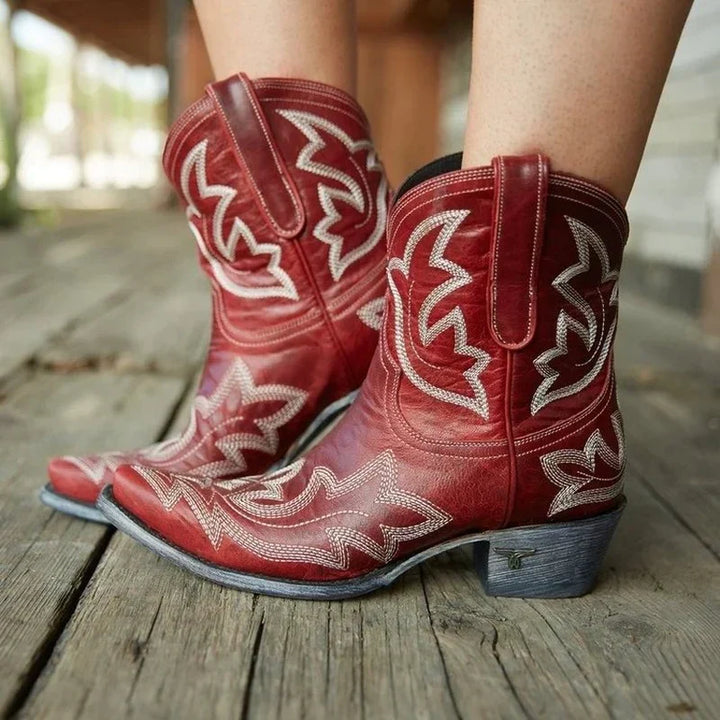 Close-up of women's embroidered western boots, showcasing detailed stitching and classic cowgirl style.