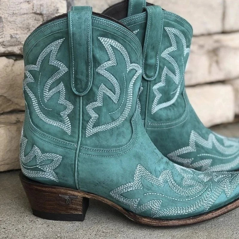 Full view of women's embroidered western cowboy boots, perfect for casual wear or fashion-forward looks.