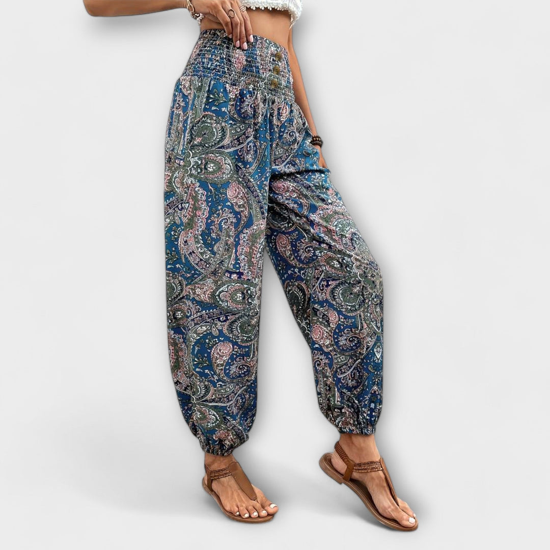 Fashionable women's ethnic print trousers, a stylish addition to any wardrobe, comfortable fit.