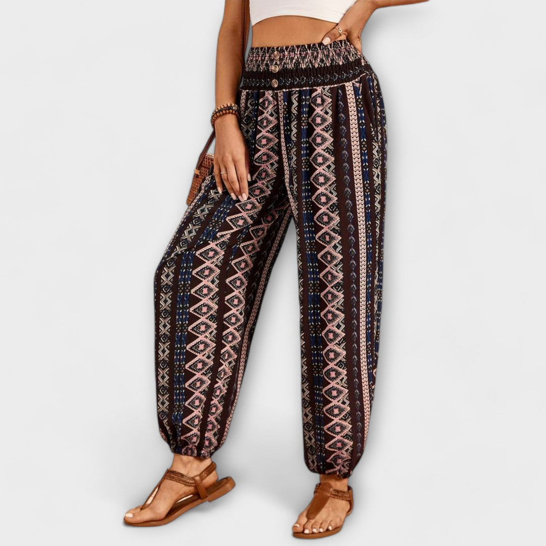 Bohemian-style women's trousers with vibrant ethnic graphics, adding flair to your fashion.