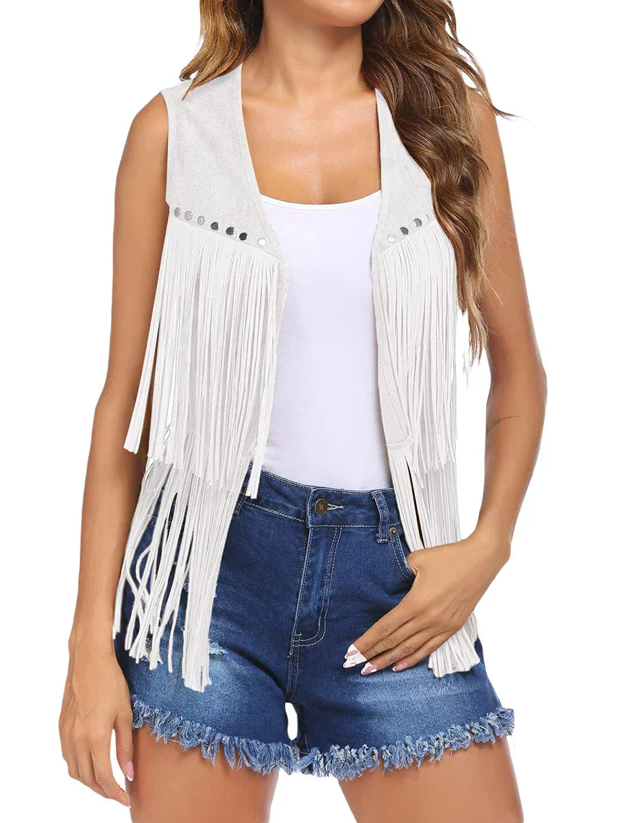 Women's sleeveless vest featuring a chic open front and stylish fringe for layering.