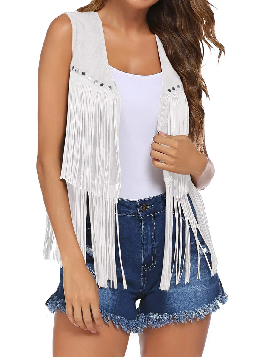 Boho-chic women's fringe open front vest, sleeveless, a must-have for edgy fashion.