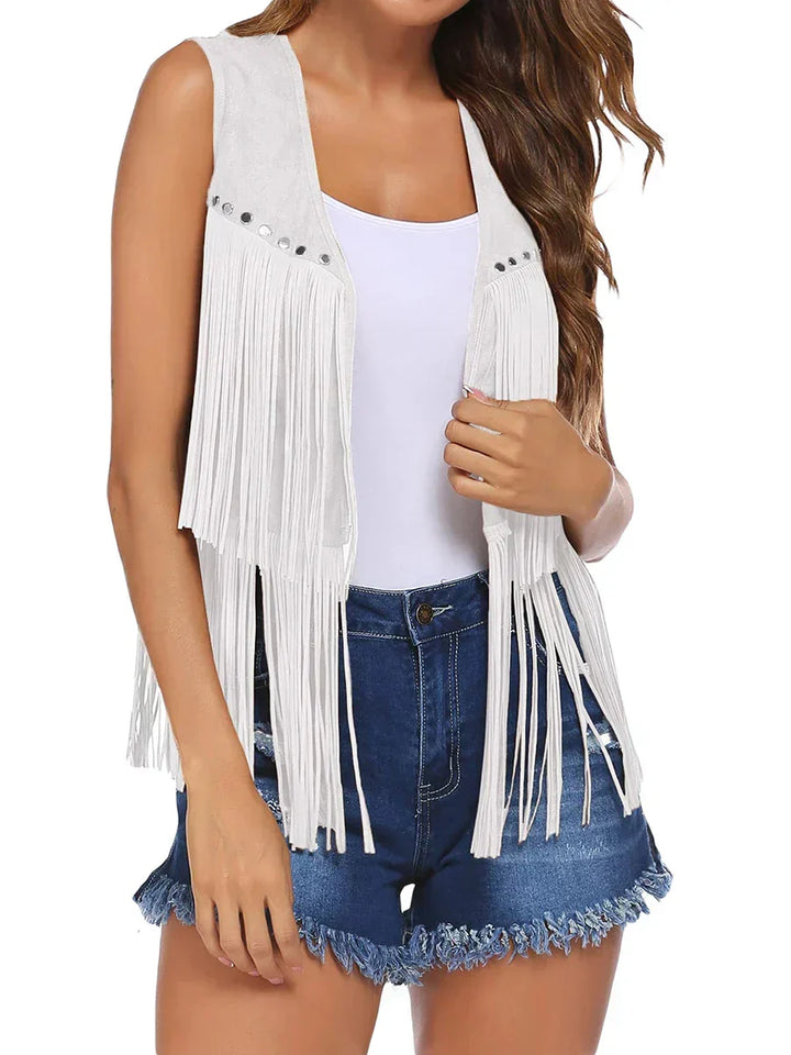 Boho-chic women's fringe open front vest, sleeveless, a must-have for edgy fashion.