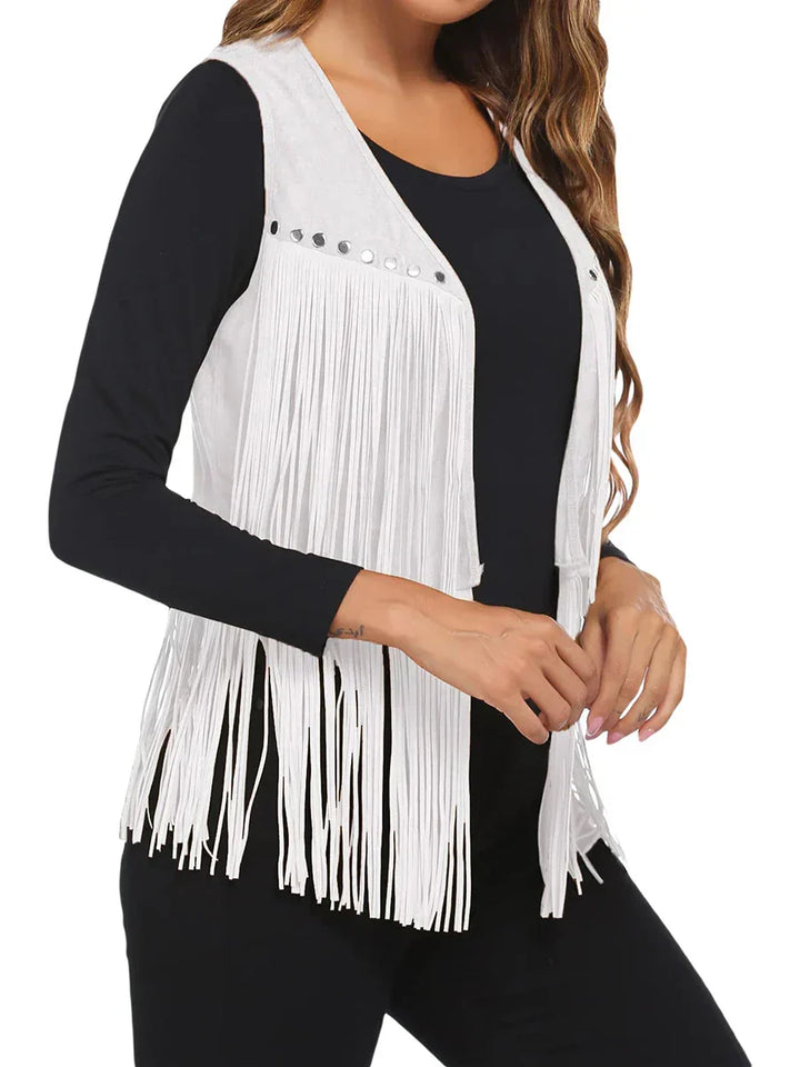 Versatile women's open front fringe vest, sleeveless design for effortless style.
