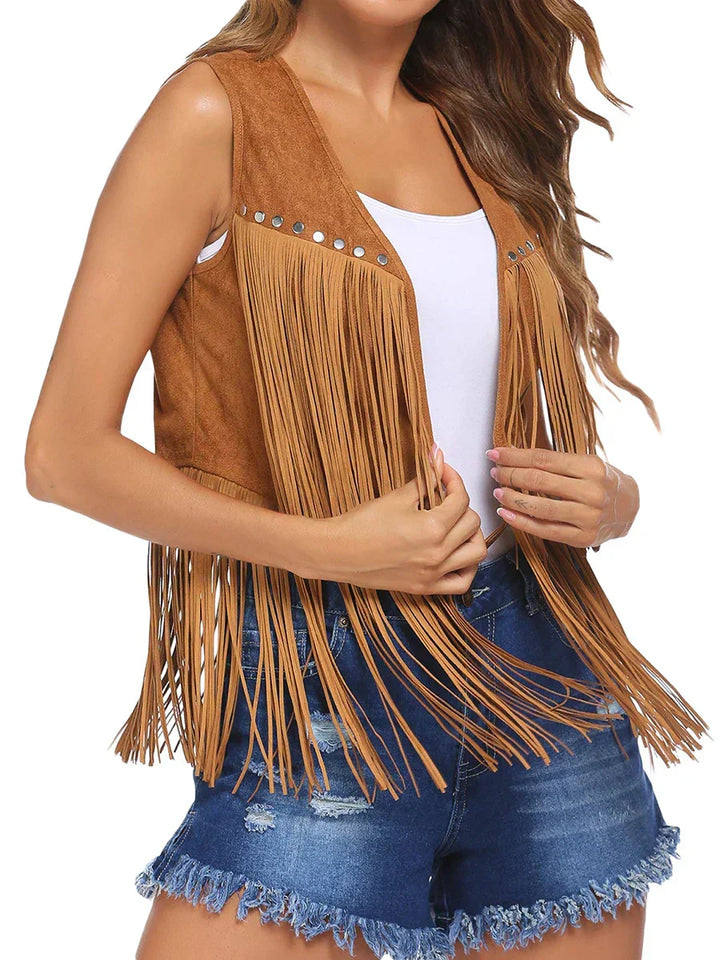 Fashion-forward women's sleeveless vest, open front with playful fringe for layering.