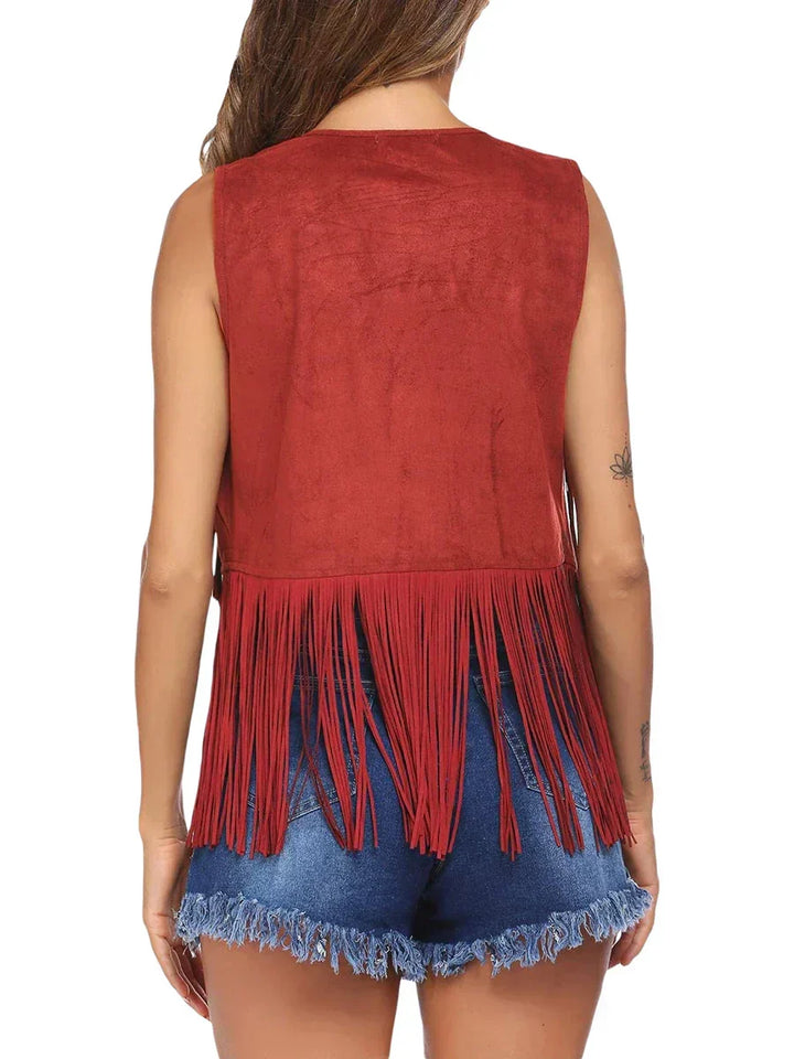 Edgy women's open front fringe vest, sleeveless. Great for adding a stylish touch to any outfit.