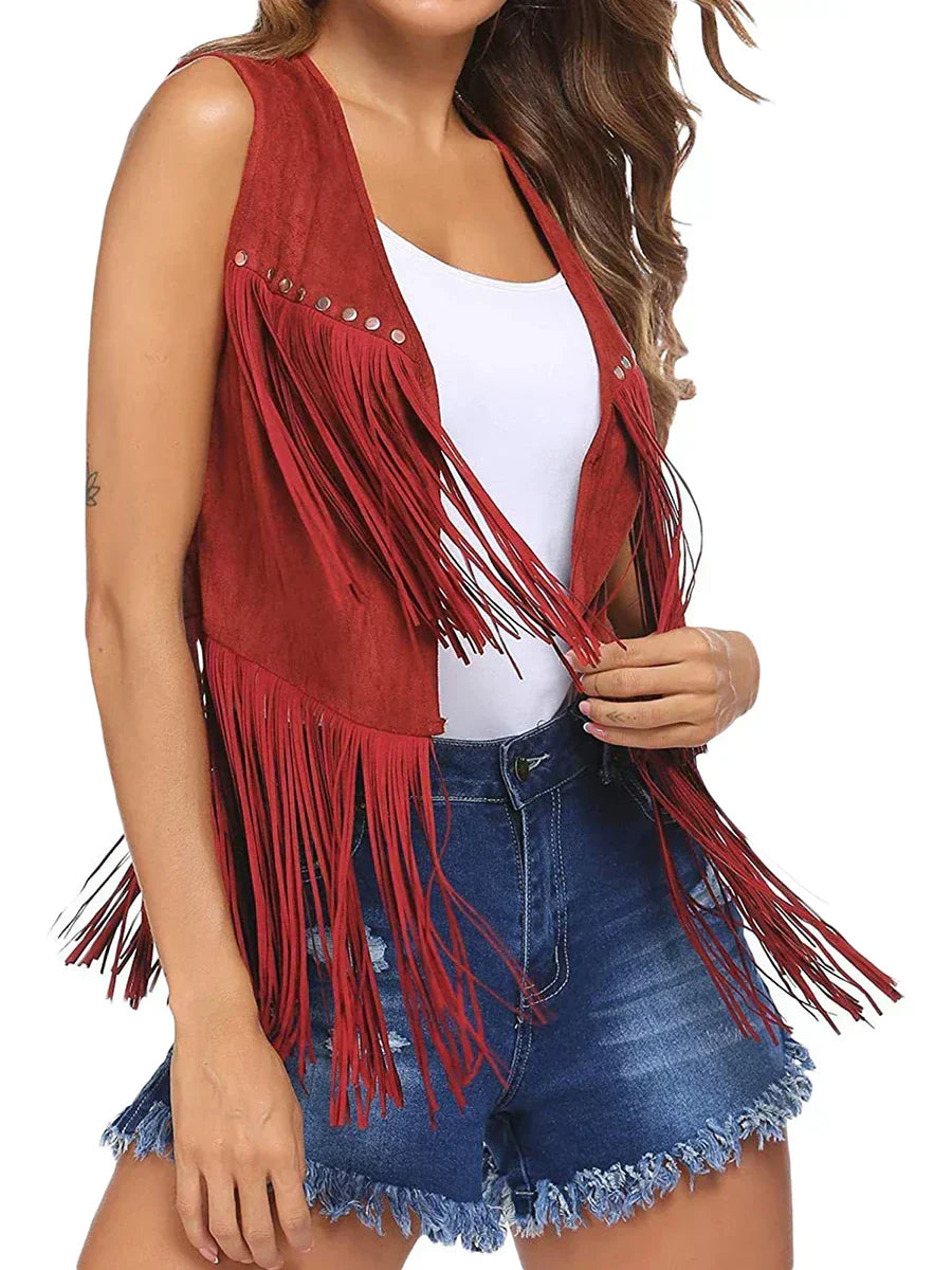 Chic women's sleeveless fringe vest, open front. Perfect for bohemian or stylish layering.