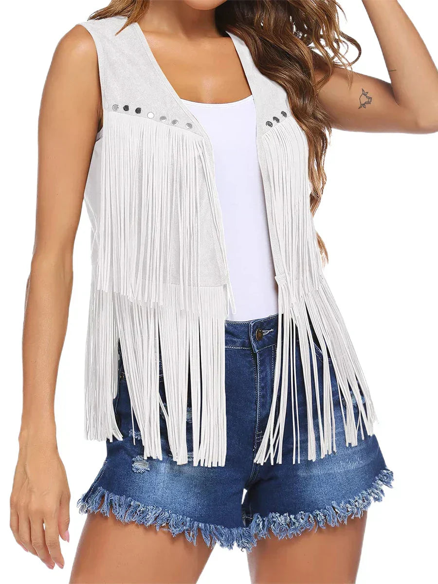 Fashionable women's fringe vest, open front design, sleeveless. Versatile for any stylish outfit.