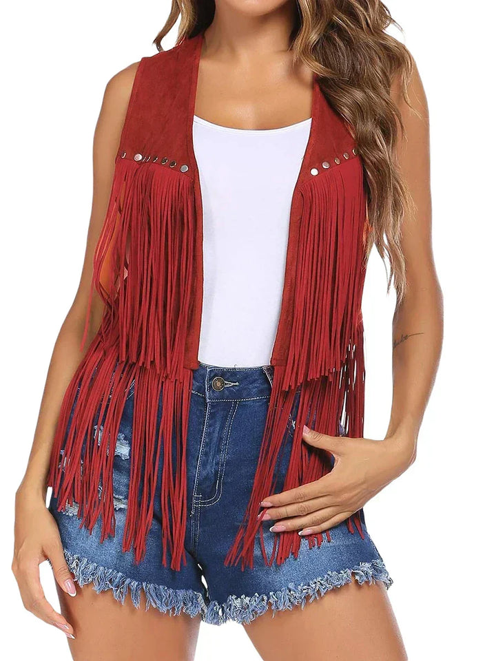 Women's bohemian fringe vest, sleeveless and open front, offering a unique edgy style.