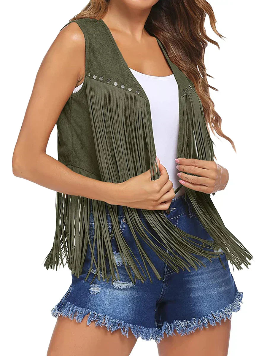 Elegant women's open front vest with flowing fringe, sleeveless for a chic, edgy look.