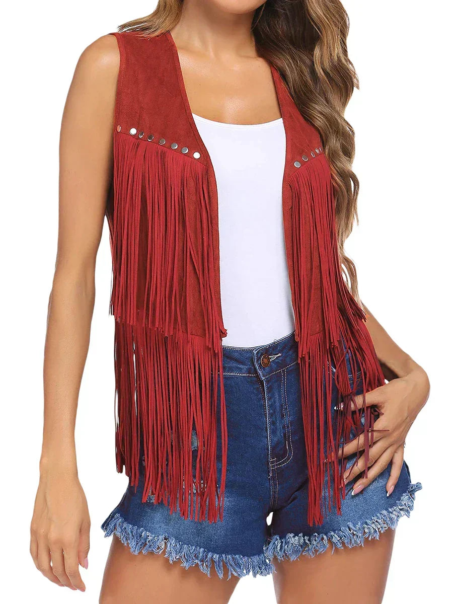 Stylish layering vest for women, open front, sleeveless with eye-catching fringe details.
